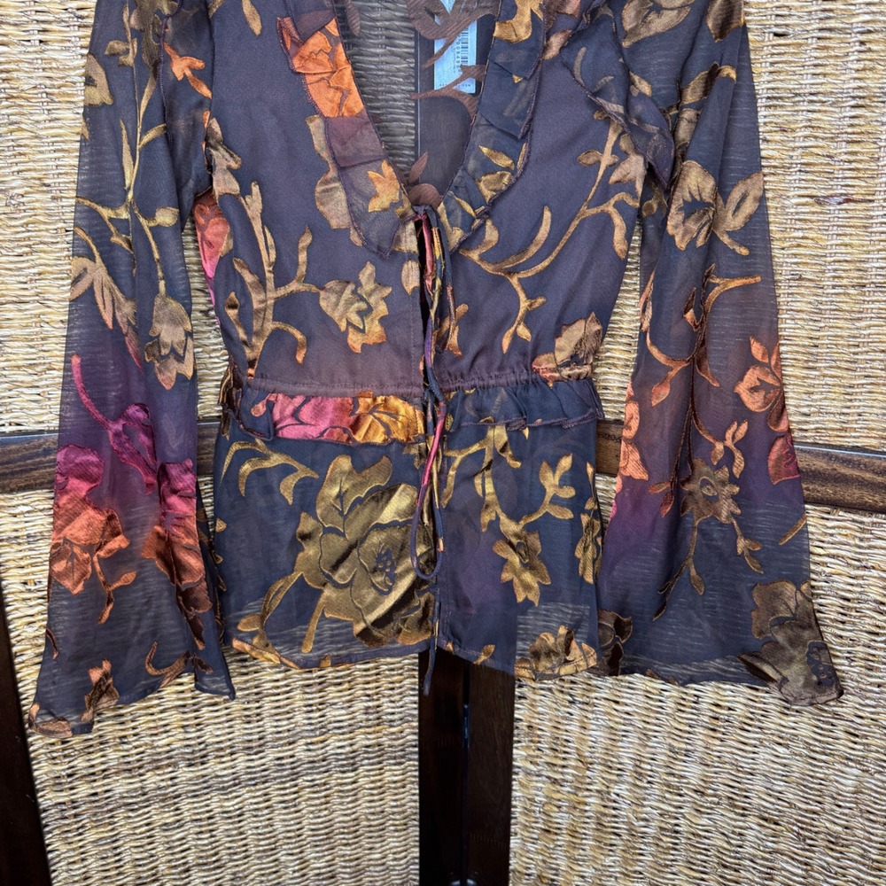 Floral Burnout Velvet Sheer Peplum Ruffle Blouse Bell Sleeve Whimsigoth Grunge 4 - Picture 2 of 6